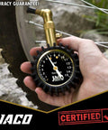 Front view of JACO Elite Low Pressure Tire Gauge with brass connector, black dial showing 0-15 psi, handheld