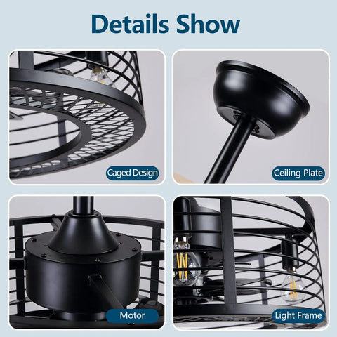 Details of Dope Modern Enclosed Ceiling Fan With Remote Control, Black Caged Industrial Light Kit With 8 ABS Blades Inside Cage