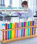 Durable Beech Wood Test Tube Rack holds 12 tubes up to 22mm diameter, showcasing colorful liquid samples in a lab setting.