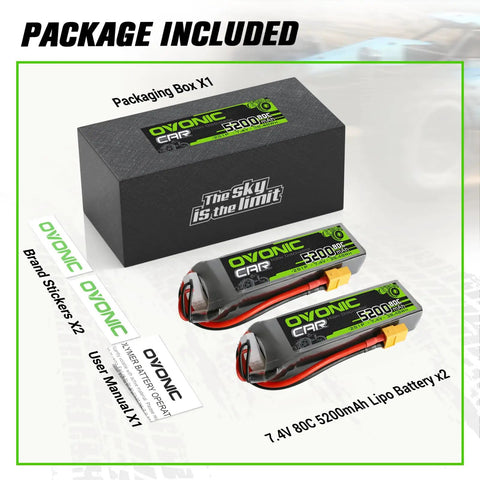 2 Pack LiPo Battery 2S 5200mAh 7.4V 80C Beefy Power With XT60 Plug Soft Case For One Eighth Scale One Tenth Scale RC Cars Drones