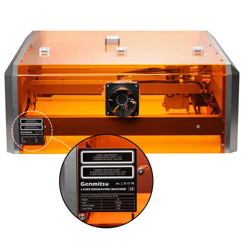 40W Laser Engraver With Acrylic Enclosure Air Assist Pump Honeycomb Bed Built In Camera And Safety Class 1 All In One Laser Engraving Machine Delivers Crazy Fast 40000 Millimeters Per Minute Speed For Wood Plastic Leather Metal Projects, front view with close-up of model details