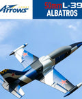 RC Arrows 50mm L39 RC Plane With Vector Flight Stabilization System PNP Blue in flight against blue sky