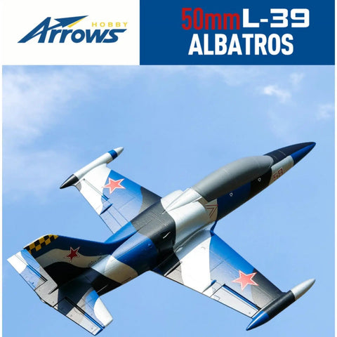 RC Arrows 50mm L39 RC Plane With Vector Flight Stabilization System PNP Blue in flight against blue sky