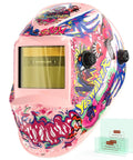 Auto Darkening Welding Helmet With Blue Light Blocking Lens And True Color View Solar Powered Hood With Two Arc Sensors Beast Mode Shade Range 3.5 To 13 Ideal For TIG MIG ARC And Grinding, front view with colorful design