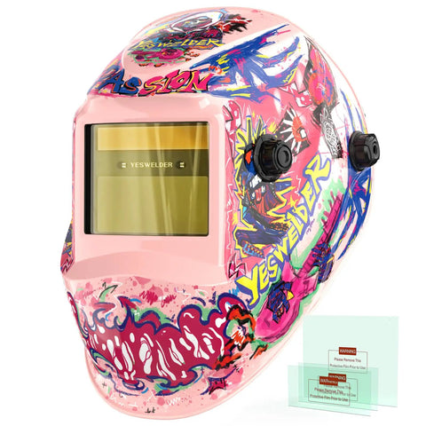 Auto Darkening Welding Helmet With Blue Light Blocking Lens And True Color View Solar Powered Hood With Two Arc Sensors Beast Mode Shade Range 3.5 To 13 Ideal For TIG MIG ARC And Grinding, front view with colorful design