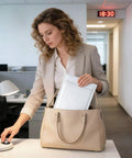 Woman placing Bubble Mailers 4x8 Inches 100 Pack Padded Envelopes Self Sealing Waterproof Grey and White Opaque into a handbag in an office.