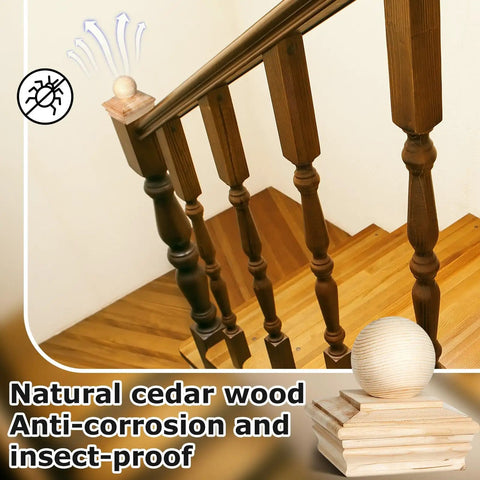 Set Of Four Bright Yellow Cedar Ball Finials For 4x4 Fence Posts Tough As Nails Wood Post Caps atop a railing, showcasing insect-proof finish.