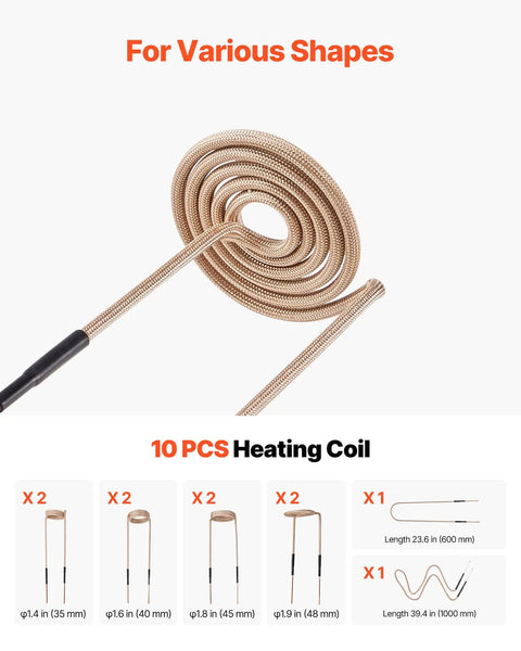 Various coil shapes for Induction Heater Bolt Removal Kit 1100W 110V Handheld Nut Buster with 10 coils, including storage case