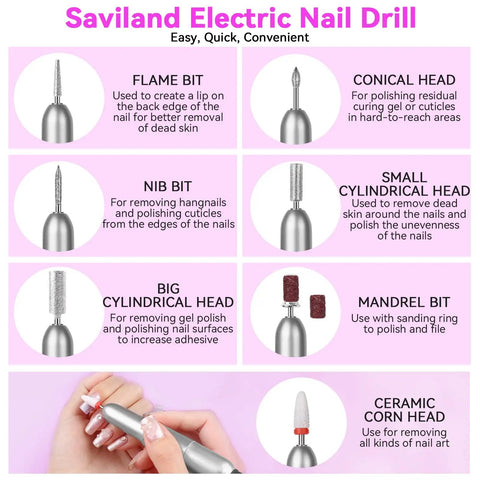 Acrylic Nail Kit With UV Light For Home DIY Easy Starter Set Includes Nail Drill Mini Lamp Base And Top Coat Gel Polish Trio Of Acrylic Powders Brushes Manicure Tools And Nail Art Supplies showing various drill bits.
