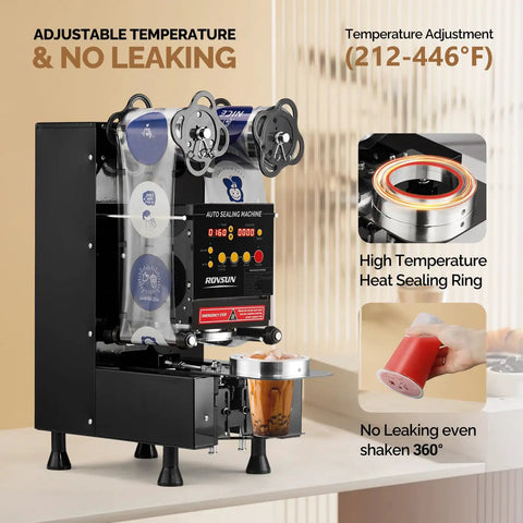 Fully Automatic Pro Cup Sealer Machine For Bubble Tea And Coffee Beverages Seals 500 To 650 Cups Per Hour 88 89 90 95 Mm Compatible LCD Digital Control Electric Cup Sealing System Fast Quiet Black with adjustable temperature and no leaking feature.