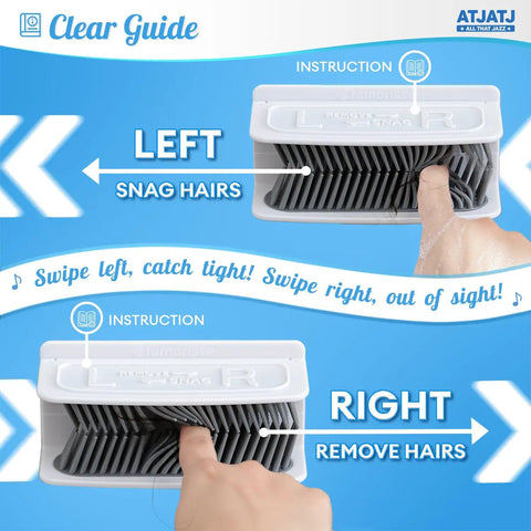 Large White Shower Hair Catcher With Flexible Silicone Bristles shows instructions to snag and remove hairs easily.