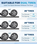 Diagram showing RV Leveling Blocks 6 Inch Two Pack For Travel Trailers Heavy Duty Curved Camper Levelers suitable for dual tires with tire diameters and spacing requirements.