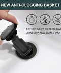 Easy Install Matte Black Pop Up Sink Drain With Overflow Anti Clog for bathroom showing anti-clogging basket feature.