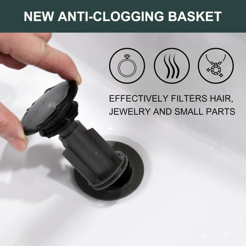 Easy Install Matte Black Pop Up Sink Drain With Overflow Anti Clog for bathroom showing anti-clogging basket feature.