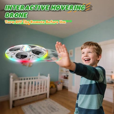 Child controlling UFO Drone For Kids Indoor Flying Toy Remote Control Aircraft With LED Lights Auto Hover