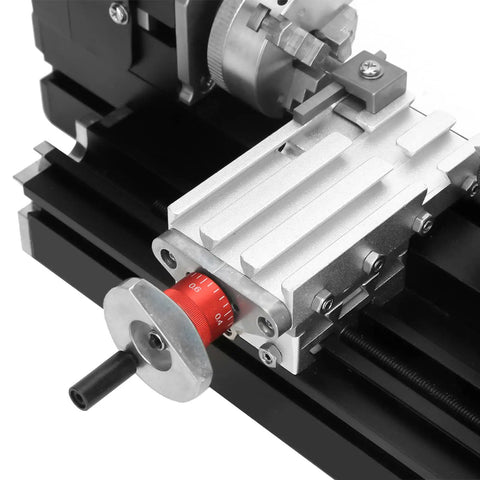 Close-up of Fabater Mini Metal Lathe 24W handwheel adjustment and stainless steel components for precision crafting.