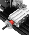 Close-up of the precision dial and motor mount on the Kickass Mini Metal Lathe With Detachable Motor And Smart Headstock Design High Speed 20000Rpm Precision Benchtop Engraver For Soft Metals Plastic Acrylic Super Slick 24 Watt Desktop Hobby Machine Us Plug.