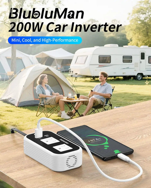 Hella Reliable 200W Car Power Inverter With Dual AC Outlets, 30W PD Fast Charger And QC3.0 USB Port, Zero Hassle DC To AC Converter For Laptops, Smartphones, And On The Go Charging Needs on a camping table.