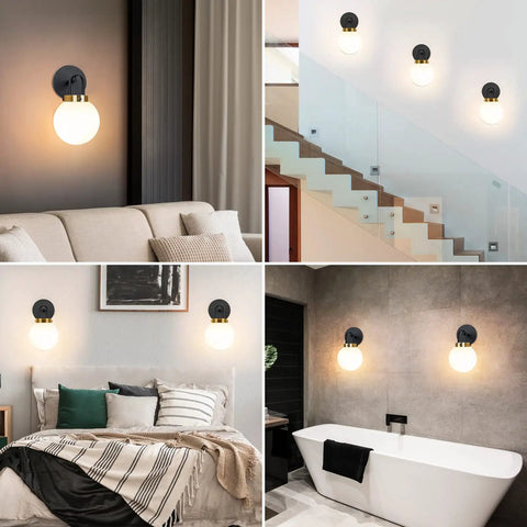 Two Pack Chic Modern Wall Sconces Matte Black And Gold With Milky Glass Globe Vanity Lighting for living room, stairs, bedroom, bathroom