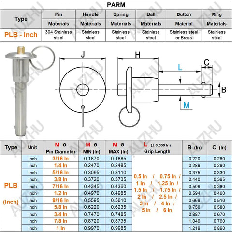1/4 X 1 Inch Marine Grade Stainless Steel Ball Lock Pin Quick Release Indexing Spring Positioning Safety Locating Dowel diagram with dimensions.