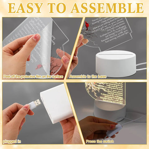 Assembly steps for Heart Shaped Memorial Night Light With Clear Crystal Acrylic Base LED Remembrance Sign For Loss Of A Loved One