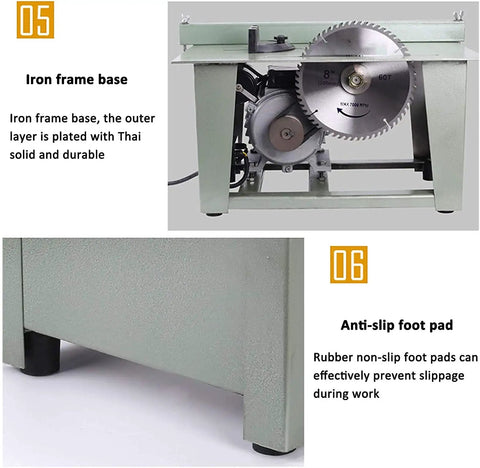 Portable Benchtop Table Saw With Killer 1200W All Copper Motor Cuts Through Wood And Metal Like Butter shows iron frame base and anti-slip foot pad.