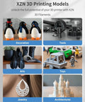 Collage of 3D printed models including penguins, gear tools, fantasy statue, toy trucks, jewelry, and architectural miniatures.