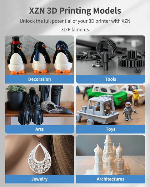 Collage of 3D printed models including penguins, gear tools, fantasy statue, toy trucks, jewelry, and architectural miniatures.
