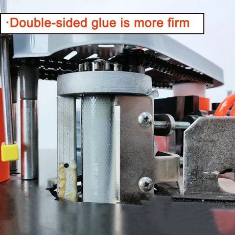Close-up of Portable Benchtop Edge Bander With Automatic Cut, featuring double-sided gluing mechanism for stable binding.