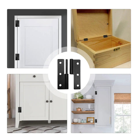Dead Simple Black Lift Off Cabinet Hinges Left Handed 2.5 Inch Size 2 Piece Mounting Set With Screws displayed on a cabinet.
