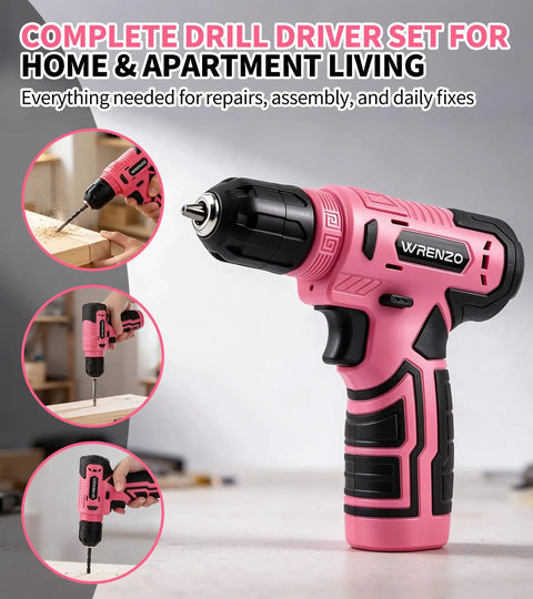 No Sweat Cordless Drill Driver Kit Featuring 62 Piece Precision Screwdriver Bit Set With Live Battery Percentage Display For Effortless Home Repairs And Weekend Construction Tasks, pink cordless drill with ergonomic grip.