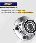 Front Wheel Bearing And Hub Assembly 515006 Replacement For Dodge Ram 1500 1994 To 1999 Front 5 Lug Bolts Without ABS