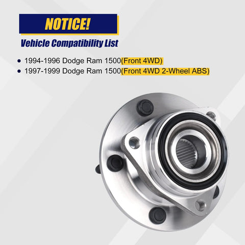 Front Wheel Bearing And Hub Assembly 515006 Replacement For Dodge Ram 1500 1994 To 1999 Front 5 Lug Bolts Without ABS
