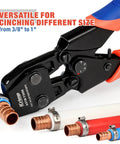 PEX Pipe Quick Cinch Tool Set For Stainless Steel Clamps Three Eighths Inch To One Inch With PEX Cutter in use, clamps visible