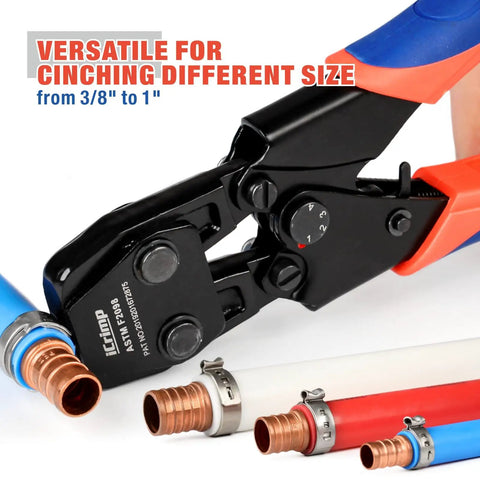 PEX Pipe Quick Cinch Tool Set For Stainless Steel Clamps Three Eighths Inch To One Inch With PEX Cutter in use, clamps visible