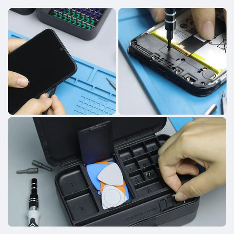 Mini Precision Screwdriver Set With Color Coded Bits And Built In Magnetizer in use for iPhone repair and organizing box