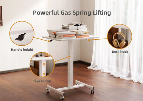 Mobile Standing Desk With Wheels For The Home Office Compact Rolling Workstation With Lockable Front Casters Pneumatic Gas Lift