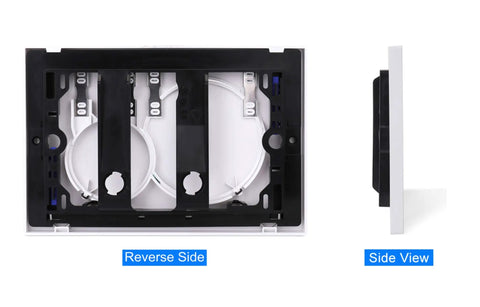 Dual Flush Actuator Plate For Concealed Cisterns Alpine White Wall Mount Toilet Flush Plate reverse and side view