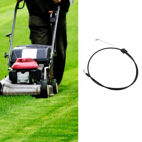 Heavy Duty Lawn Mower Control Cable With Mechanical Brake Linkage Super Badass Durable Genuine Replacement Fits Husqvarna 510 Riding Tractors Zero Drama Quick Swap installed on push mower in use on green grass.