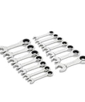 14 Piece 12 Point Stubby Ratcheting Wrench Set With SAE And Metric Sizes Narrow Head For Tight Spaces Off Corner Load Grip 5 Degree