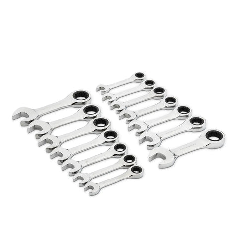 14 Piece 12 Point Stubby Ratcheting Wrench Set With SAE And Metric Sizes Narrow Head For Tight Spaces Off Corner Load Grip 5 Degree