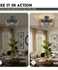 Living room with Farmhouse Caged Ceiling Fan With Lights And Remote Control, 17 Inch Low Profile Rustic Wood Color, daytime and nighttime views.