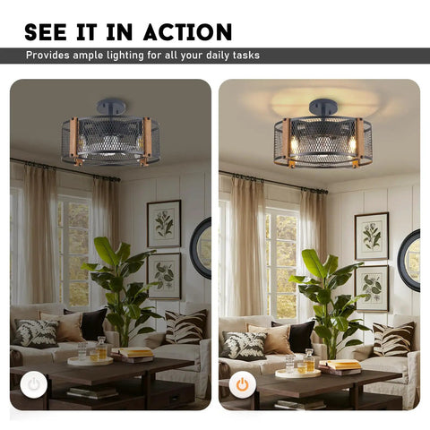Living room with Farmhouse Caged Ceiling Fan With Lights And Remote Control, 17 Inch Low Profile Rustic Wood Color, daytime and nighttime views.