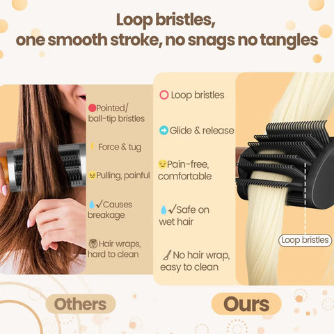 Comparison between traditional brush and Anti Snag Loop Brush Attachment For Dyson Airwrap HS01 HS05 HS08 with loop bristles.