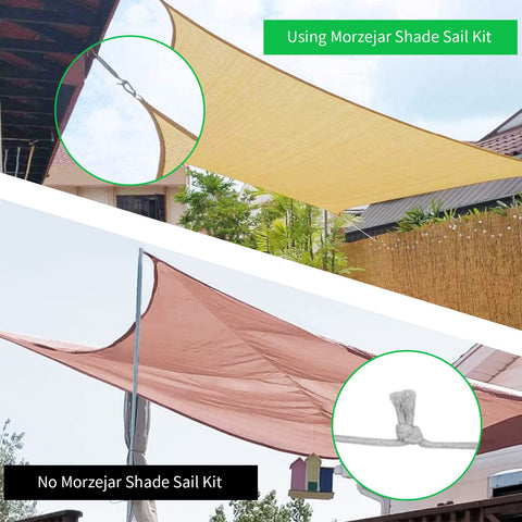 Comparison of shade sails with and without Heavy Duty 304 Stainless Steel Shade Sail Hardware Kit for 6 inch installations.