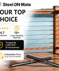 Rugged And Ready Heavy Duty 100 Pack Left And Right Handed T316 Stainless Steel Swage Lag Screws For Wood Posts One Eighth Inch Black Cable Railing Kit With Wrench Included For Deck, Stair Railing And DIY Baluster Projects displayed with a wooden cable railing on a deck.