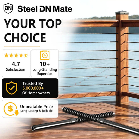 Rugged And Ready Heavy Duty 100 Pack Left And Right Handed T316 Stainless Steel Swage Lag Screws For Wood Posts One Eighth Inch Black Cable Railing Kit With Wrench Included For Deck, Stair Railing And DIY Baluster Projects displayed with a wooden cable railing on a deck.