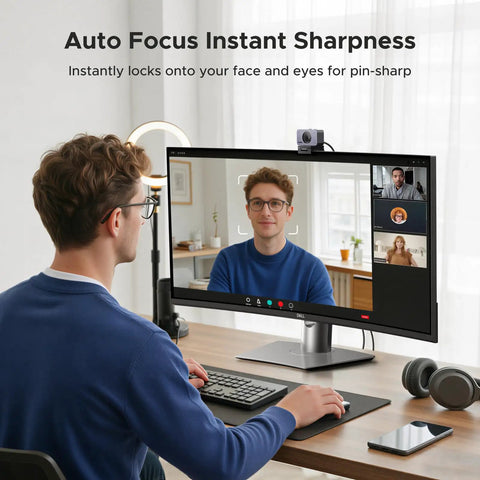 Man using Next Level 4K Webcam Works Like a Dream With Super Crisp 60 FPS Output For PCs And Macs during a video call.