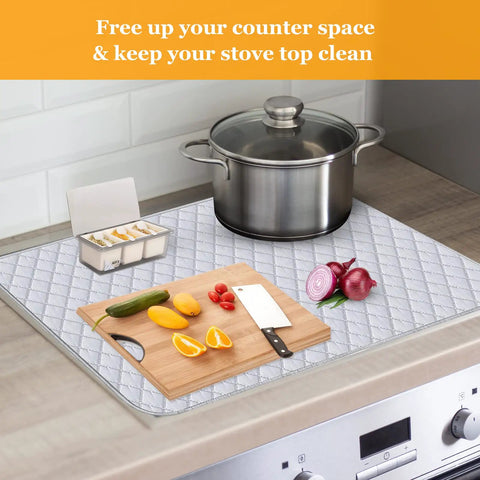Quilted Stove Top Cover Protector For Glass Ceramic Cooktops with cotton fabric, doubling as extra work surface with knife and vegetables