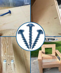 Collage showing Exterior Pocket Hole Screws 1 Inch Size 8 with coarse thread and square drive washer head in DIY projects